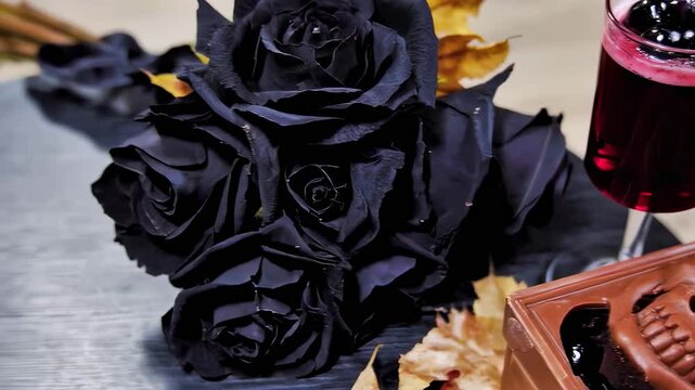 Artistic arrangement of black roses with herbal elixir in glass bottle, creating mysterious atmosphere for alternative healing practices and traditional remedies for holistic wellness