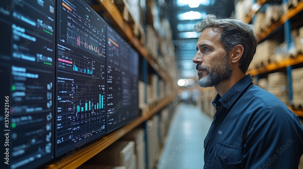 Poster a logistics specialist examines critical operational data displayed on large digital screens within 