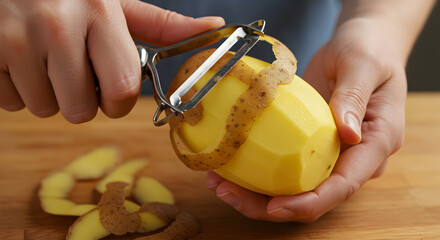 Close up of hands peeling a potato with a peeler in preparation for cooking