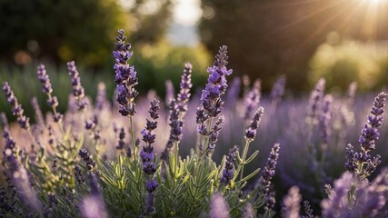 Obraz premium Lavender blooms basking in golden sunlight at a serene garden during late afternoon
