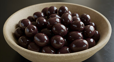 Bowl filled with fresh kalamata olives close up ready to eat appetizer