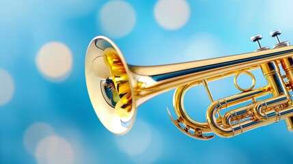 Obraz premium Golden Trumpet Close up against Blue Bokeh Background