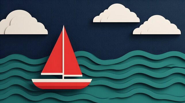 A red sailboat on a tranquil ocean with rolling waves and clouds