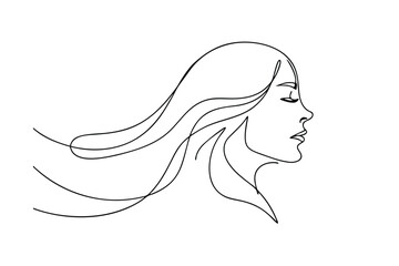 Serene Woman Profile, One Line Drawing, Elegant Hair, Windswept, Minimalist Art
