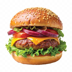 tasty and fresh beef burger with cheese and salad isolated on white background