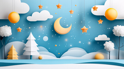 Naklejka premium whimsical scene with crescent moon, stars, and clouds in dreamy sky, featuring hanging decorations and stylized trees, creating magical atmosphere