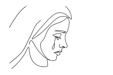 Single line drawing, weeping woman, sadness, grief, sorrow, tears, profile, minimalist art, emotional