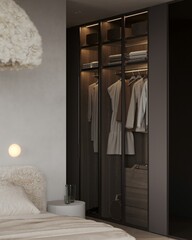 3d rendering minimal scandinavian wood walk in glass closet with wardrobe 