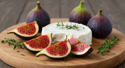 Elegant display of fresh figs and creamy goat cheese on wooden cheese board