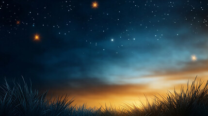 Fototapeta premium serene night sky with twinkling stars and glowing horizon creates peaceful atmosphere. Silhouetted grass in foreground adds depth to tranquil scene