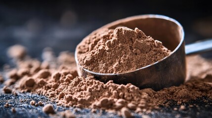 Chocolate Protein Powder Pile with Measuring Spoon