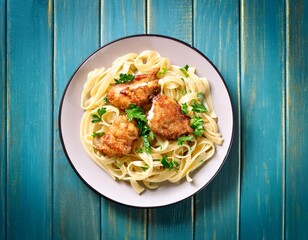Pasta linguine with fried chicken liver and green parsley, top view, generative AI