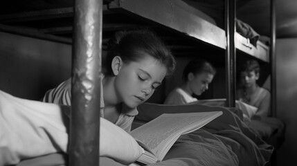 Obraz premium Child reading books in a shared bunk bed room.