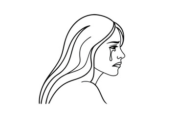 Line art drawing of a weeping woman, sadness, sorrow, grief, tears
