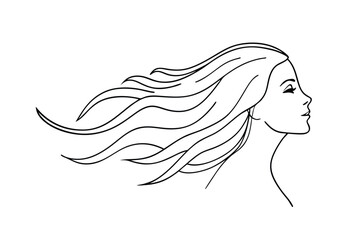 Woman's Profile, Long Hair Blowing in Wind, Elegant Line Art