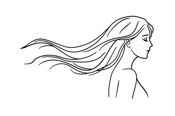 Elegant Woman Profile, Long Flowing Hair, Windswept, Line Art, Sketch, Drawing, Minimalist, Graceful