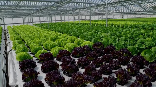 Hydroponic vegetable cultivation with vibrant leafy varieties arranged in linear patterns under glass ceiling, demonstrating sustainable agriculture and clean food production