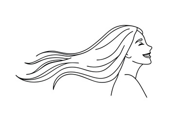 Woman's Profile, Long Hair Blowing, Joyful, Elegant Line Art, Simple Drawing, White Background, Happy