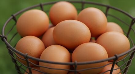 Rustic Wire Basket Overflowing with Fresh Brown Eggs Set Against Green Backdrop