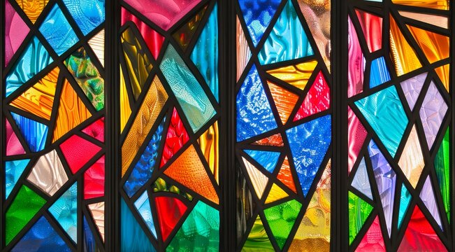 Vibrant multicolored stained glass panel with geometric patterns.