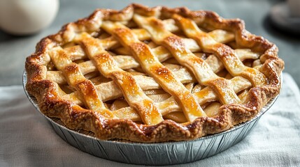 Homemade apple pie on a plate placed on a wooden table