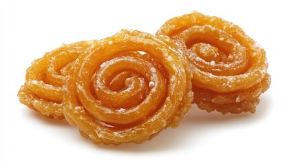 Fototapeta premium Sweet spiral-shaped treats, dusted with sugar. A close-up view of three, golden-brown, spiral-shaped pastries, likely Indian or Middle Eastern, covered in a fine layer of powdered sugar. 
