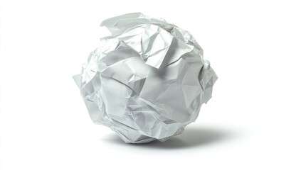 Crumpled paper ball.  A tightly crumpled sheet of white paper formed into a sphere.  The paper's texture is uneven, with numerous folds and creases.  It casts a subtle shadow on the white background