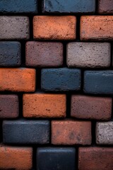 A close-up view of textured bricks in dark and warm tones, This image can be used in construction, architecture, or interior design projects to convey a rustic or industrial aesthetic,