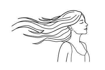 Serene Woman Profile, Long Hair Blowing in Wind, Line Art