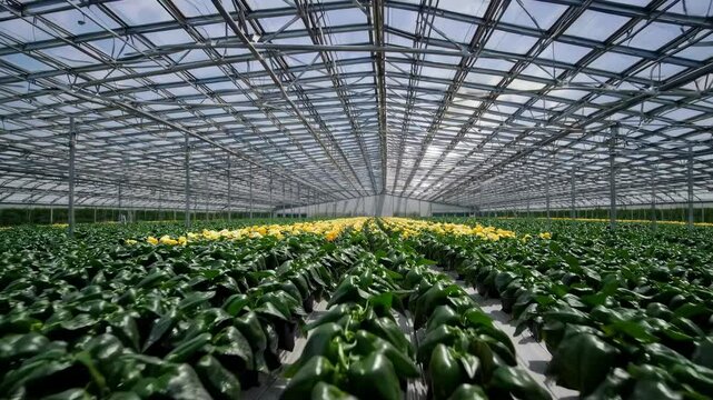 Indoor cultivation facility with colorful blooming plants in precise parallel lines under glass roof, showcasing industrial floriculture production and plant growing for markets