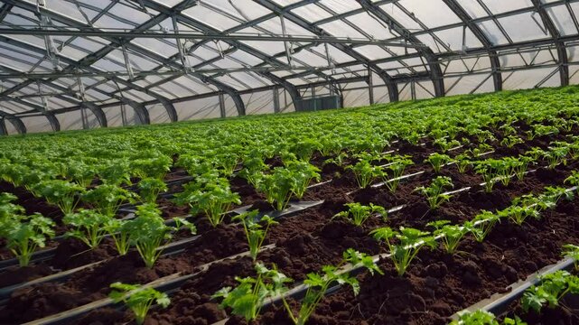 Fresh green seedlings in straight lines with drip irrigation on dark soil beds under transparent ceiling, representing agriculture technology and sustainable vegetation cultivation
