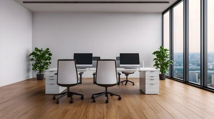 A bright and minimalist office workspace with desks and computers  long title A modern and