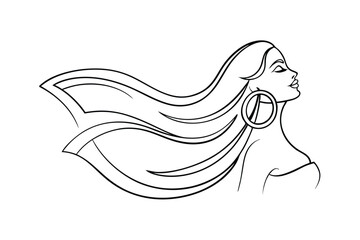 Elegant Woman Profile, Long Hair, Windblown, Line Art, Black, White, Minimalist, Style, Fashion, Bea