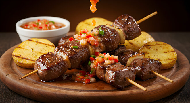 Peruvian anticuchos skewers with rocoto pepper sauce on wooden plate close up