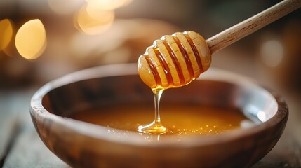 Honey dripping from a wooden dipper and spoon on a white background