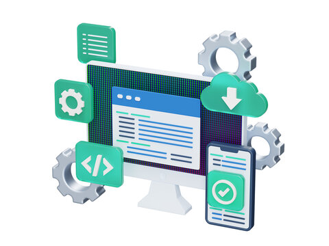 Desktop PC Motinor with smartphone and coding icons. Isometric 3d illustration. Programming and development concept. 3d render illustration isolated on transparent background