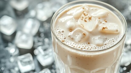 Vanilla Protein Shake in a Glass with Ice Cubes