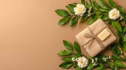 Natural Soap Bar Gift Wrapped in Beige Fabric with White Flowers