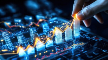 Market analysis and financial growth trends digital platform data visualization urban environment close-up view investment insights