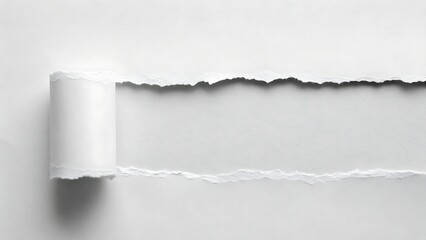 Fototapeta premium Unveiling a secret message, a torn piece of paper reveals a blank space, promising untold stories and mysteries with a neutral grey background and soft, textured paper.