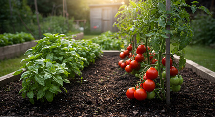 Lush organic vegetable garden showcasing ripe tomatoes and aromatic basil plants
