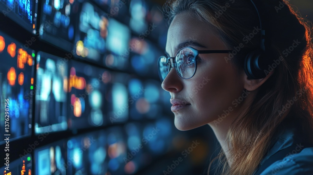 Aufkleber A logistics expert monitors multiple screens displaying real time data in a modern control center, enhancing automation and improving transport processes.