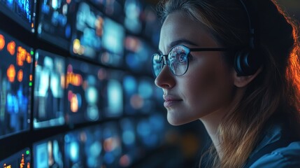A logistics expert monitors multiple screens displaying real time data in a modern control center, enhancing automation and improving transport processes.