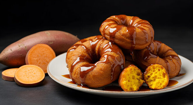 Exquisite picarones drizzled with luscious syrup alongside vibrant sweet potatoes
