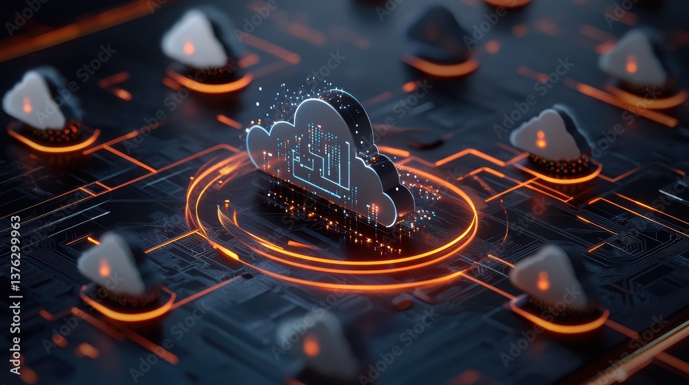 Poster abstract representation of cloud computing technology with circuit patterns and glowing elements, sh