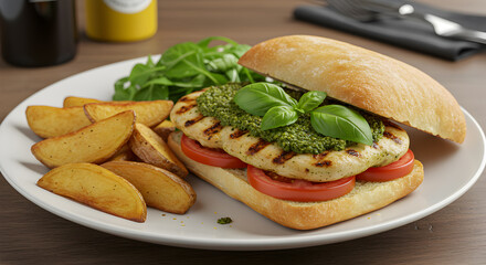 Delicious grilled chicken sandwich with pesto and potato wedges presentation
