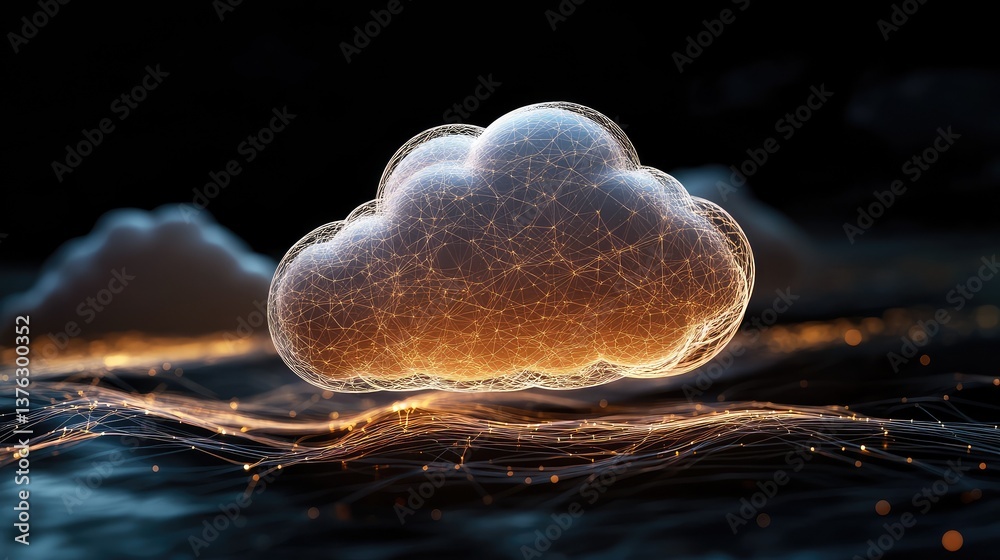 Poster digital cloud with abstract connections illuminated against dark background representing modern tech