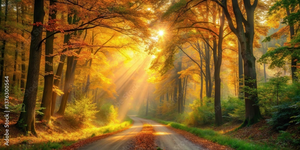 Poster golden sunlight illuminates a path through an autumnal forest, creating a serene and picturesque sce