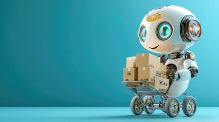 Cute friendly robot delivering packages in a modern setting, showcasing a blend of advanced technology and friendly design for logistics and delivery applications