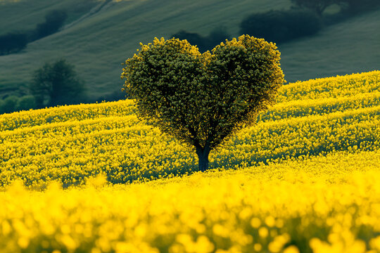 a lone tree in a field of yellow flowers